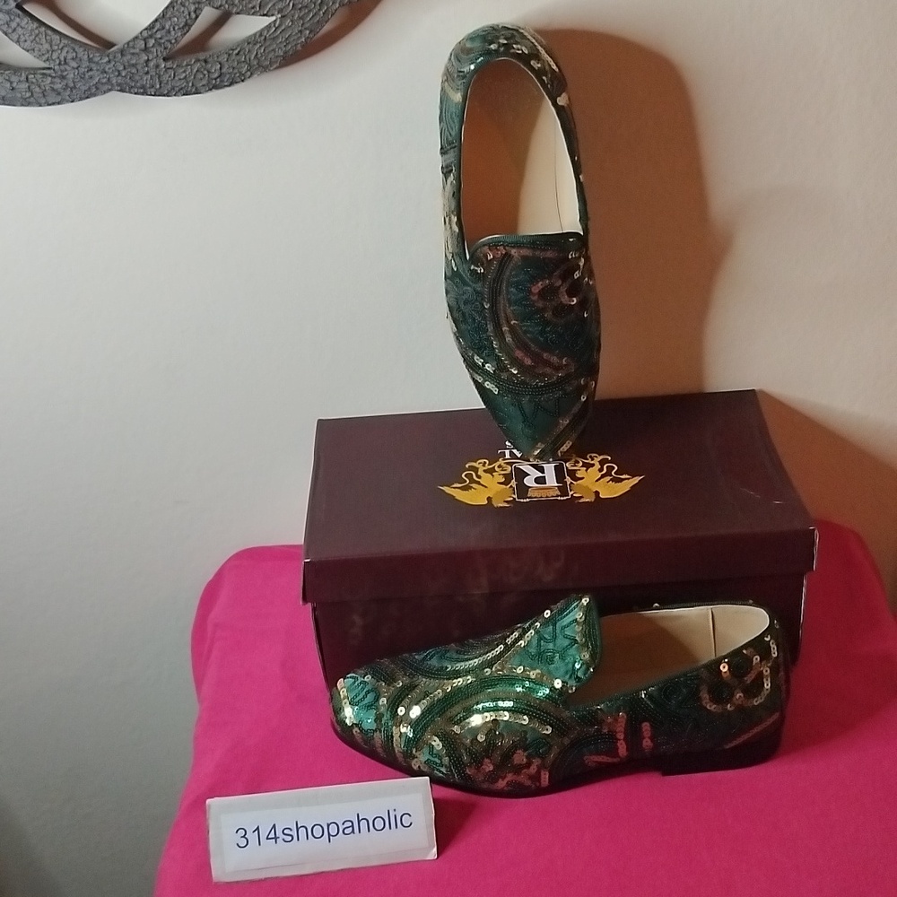 Mens Green / Gold Sequin Loafers - Picture 3 of 6